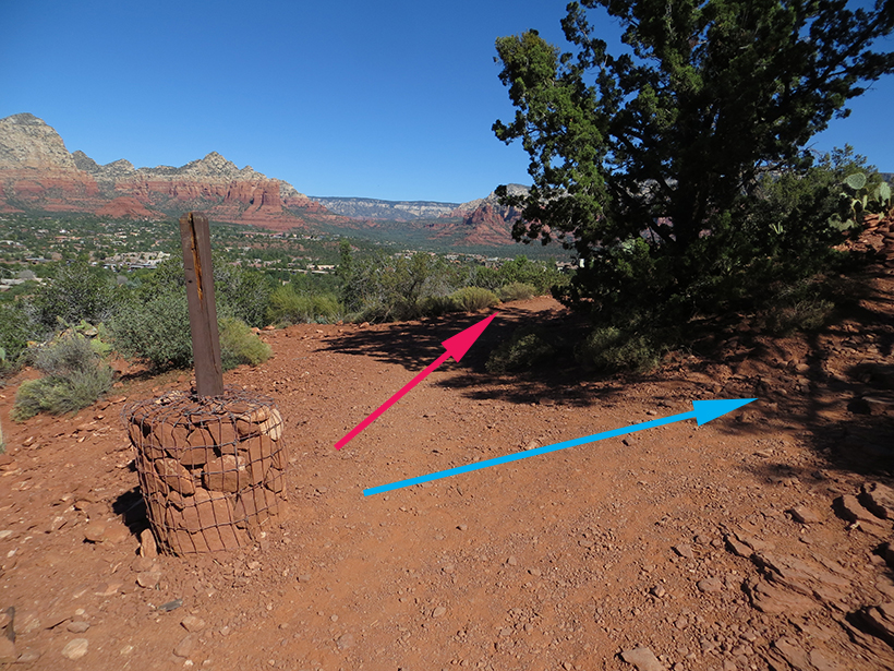 Trail divides at sign (although sign is broken) at the junction of the trail leading to the top of Overlook Point.